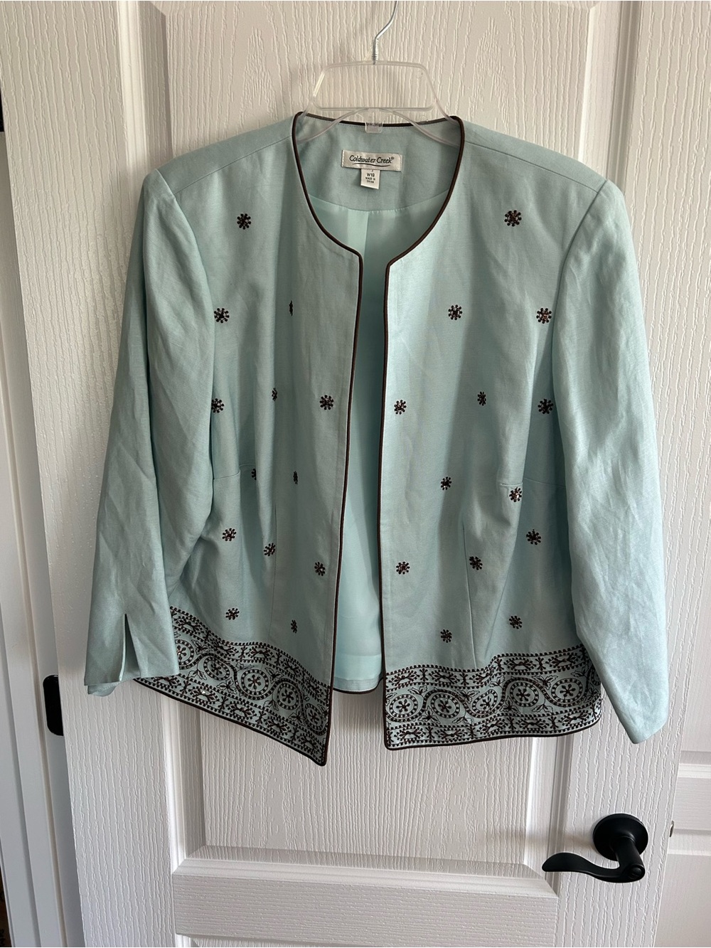 Coldwater Creek  Light Blue Embroidered Open-Front Jacket